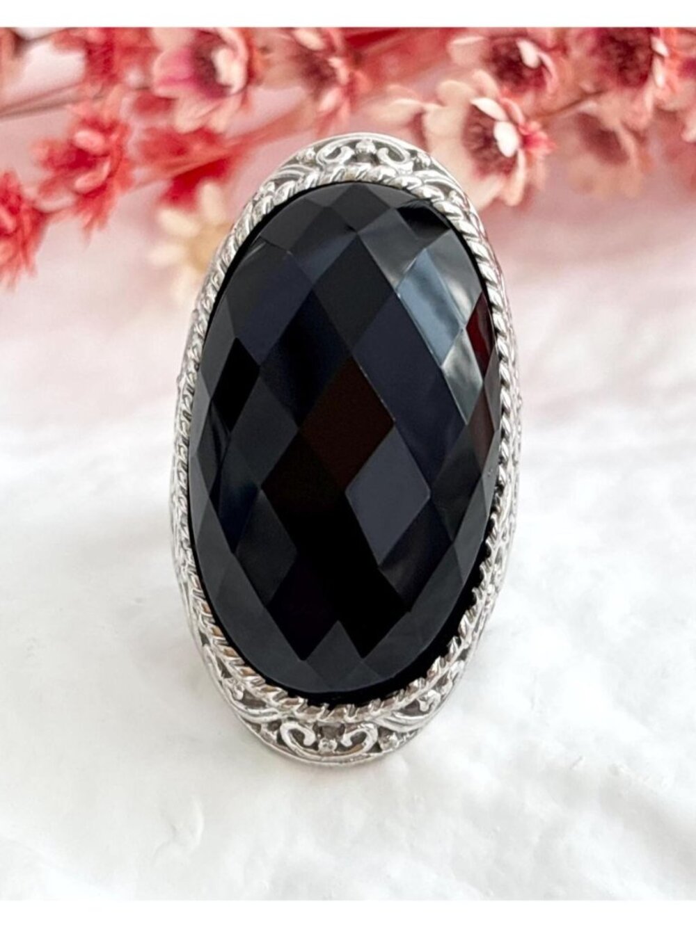 Black Onyx Faceted Stone Thai Made Sterling Silver 925 Vintage Ring - sz 8.75